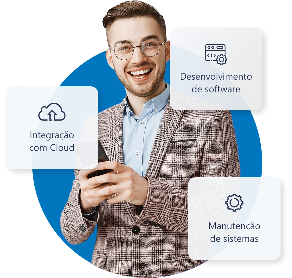 Profissional usando o celular, cercado por selos de Integração com Cloud, Desenvolvimento de software e Manutenção de sistemas