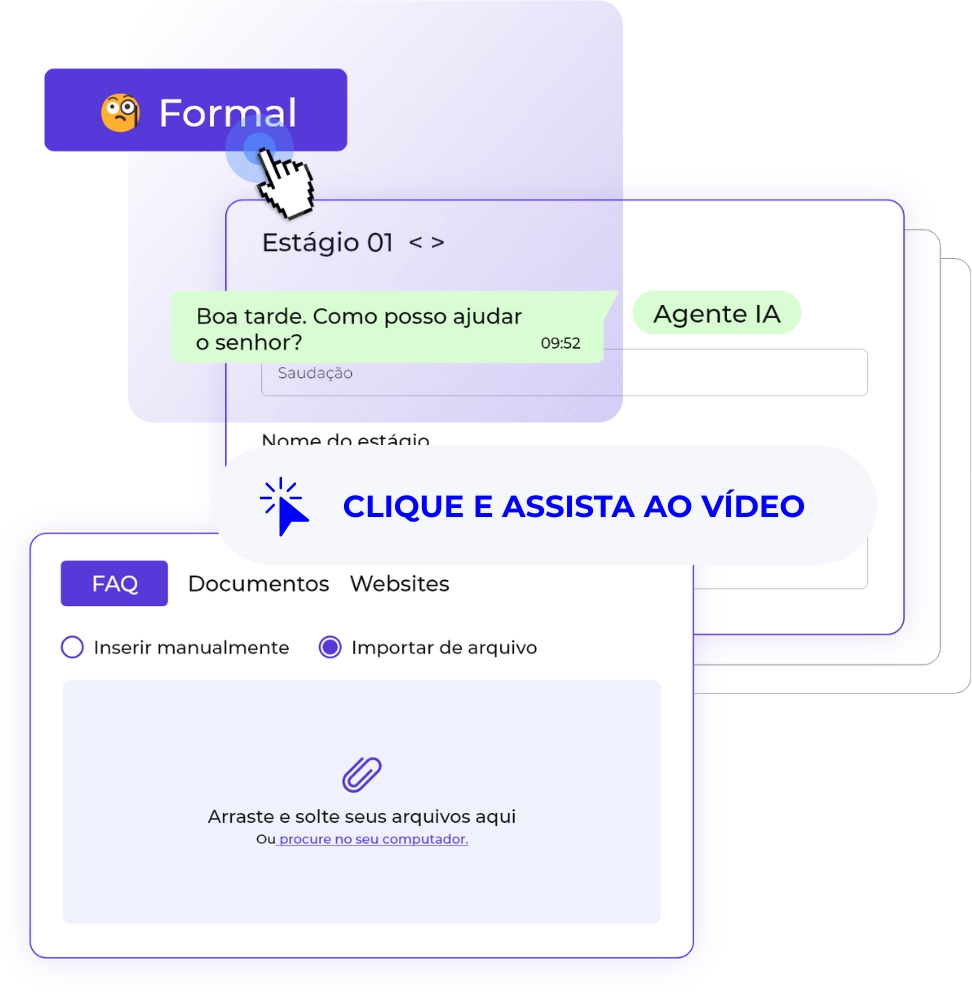 Interface de configuração de um agente de IA: tom de voz, etapas de conversa e importação de base de conhecimento