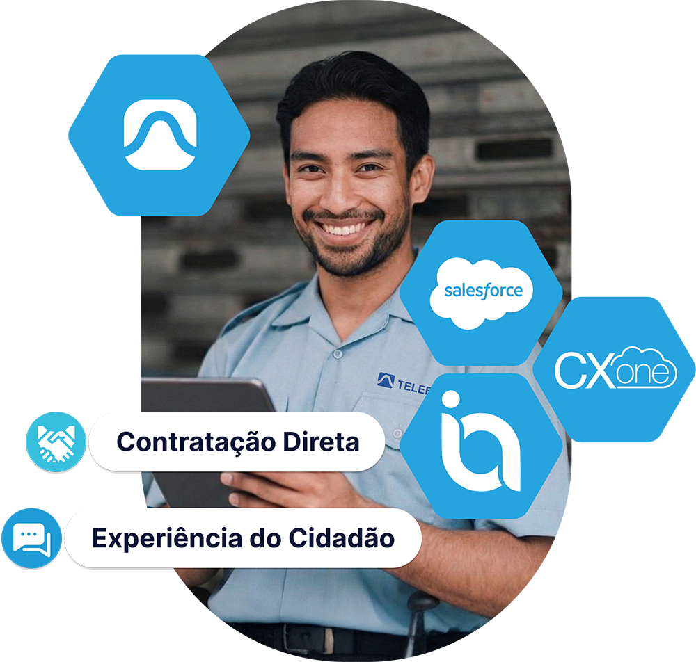 Profissional segurando um tablet, cercado por logos de plataformas (Salesforce, IAzzie, NiCE CXone) e selos de Contratação Direta e Experiência do Cidadão
